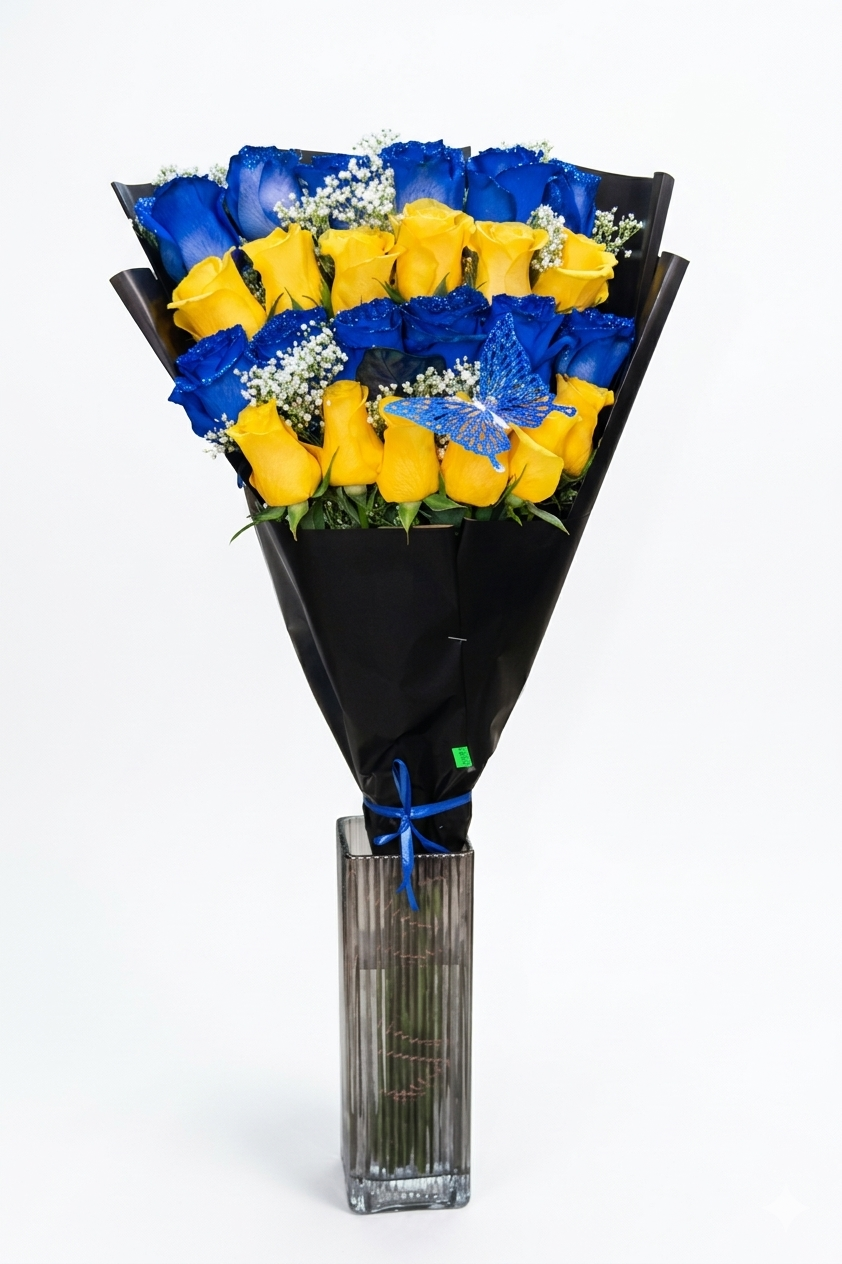 ramo con azul y amarillo 1 - Forever Floral Gifts