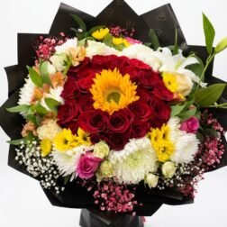 Golden Radiance Sunflower and Red Rose Buchon Bouquet - Forever Floral Gifts.