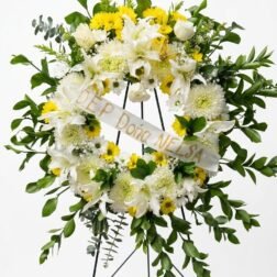 Standing Funeral Wreath with White Lilies and Yellow Chrysanthemums - Forever Floral Gifts.