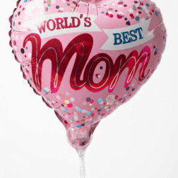 Heart-shaped balloon with "World's Best Mom" message for Mother's Day or special occasions.