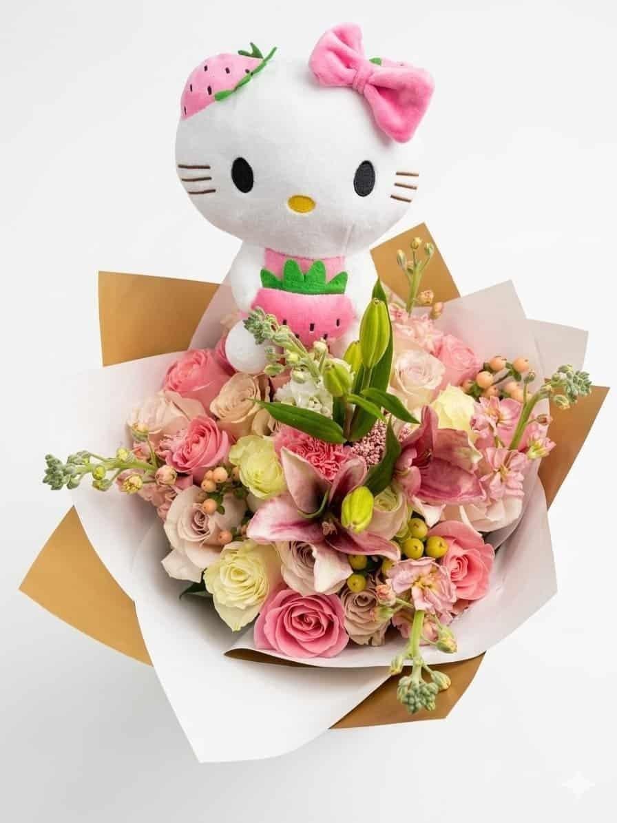 Sweet Strawberry" – Luxury Pastel Bouquet with Plushie