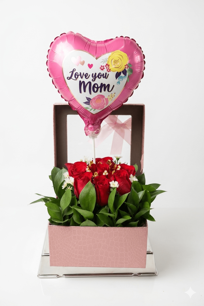 Love You Mom" – Premium Red Rose Box & Balloon
